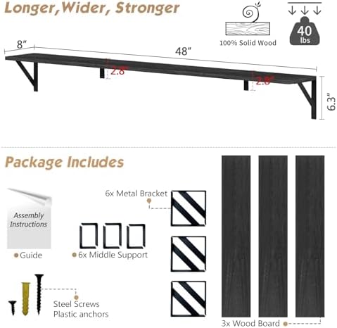 Forbena 48 Inch Long Floating Book Shelves for Wall Set of 3, Black Wall Bookshelves for Living Room, Large Heavy Duty Wood Wall Mounted Hanging Bookshelf for Bedroom Office Library Classroom - Image 3