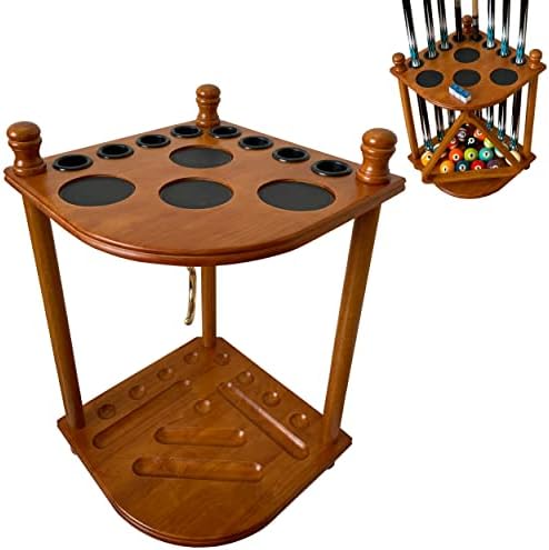 Floor Pool Cue Rack Hold 8 Cue Sticks & Billiard Accessories. Corner Stand Pool Cue Holder Made of 100% Solid Hardwood. Provided Ball Rack Hook. CUE RACK ONLY (Classic Oak) by GACCOBILLIARDS