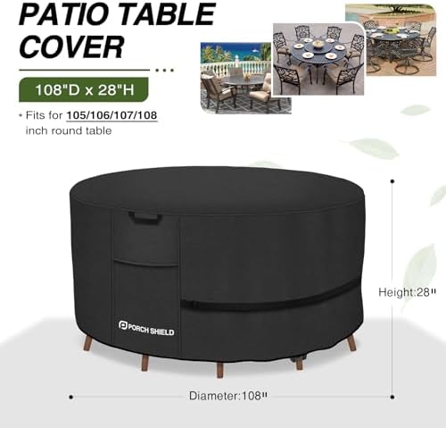 Porch Shield Waterproof 600D Round Patio Table Cover 108 inch, Black - Image 2