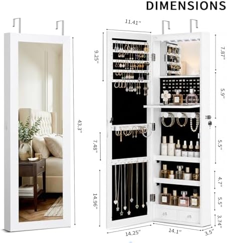 6 LEDs Mirror Jewelry Cabinet, Over the Door Jewelry Organizer with Full Length Mirror, Wall Mounted or Door Hanging Jewelry Box with Storage - Image 4