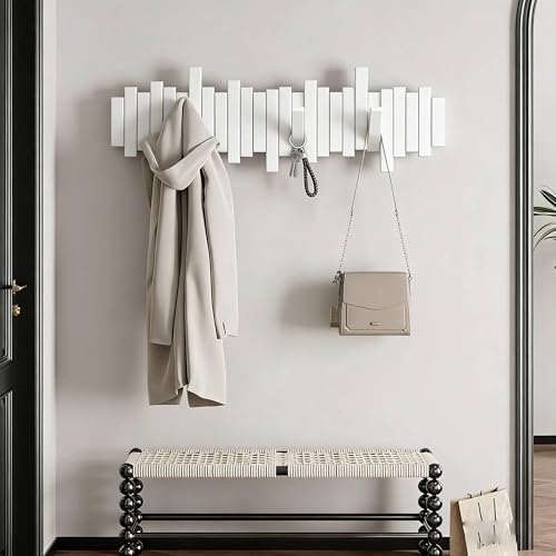 ELECANE Key Holder Wall Mount, Splicable Wooden Piano Coat Rack Wall Mount, Modern Wall Art Flip Down Magnetic Hooks Wall Hook Hat Hanger for Entryway Key Holder Bedroom Kitchen (White, 8 Hooks) - Image 4