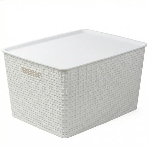 BINO | Plastic Storage Baskets with Lids, 45 Liter - 3 Pack, White | THE WOVEN COLLECTION | Storage Basket for Shelves | Woven Storage Baskets for Organizing Bins Pantry Shelf Organizer Container Bin - Image 5