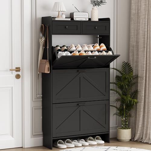 Shoe Cabinet with 3 Flip Drawers & 2 Top Drawers, 57" Tall Freestanding Narrow Wooden Shoe Storage Organizer for Entryway, Hidden Slim Shoe Rack for Front Door Entrance, Hallway, Living Room, Black by Xixini