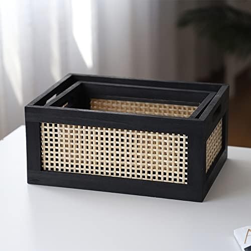Wicker Wood Storage Baskets with Handle, Set of 2, Black - Image 2