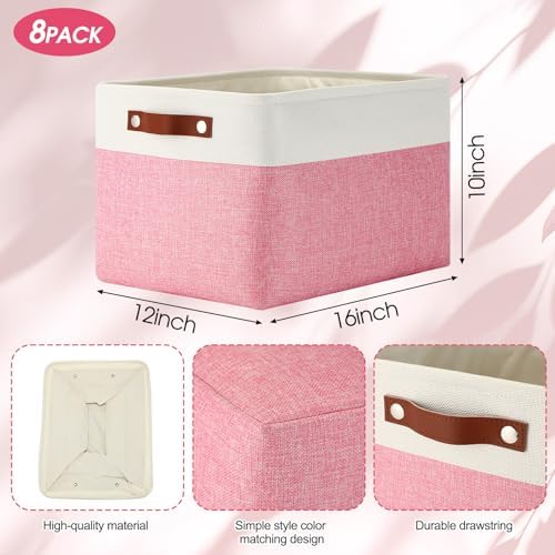 Uiifan 8 Pack 16 x 12 x 10 Inch Large Storage Baskets Collapsible Fabric Storage Cubes Bins with Handles for Shelves Closets Nursery Home Clothes Toys Organizers, Pink - Image 2