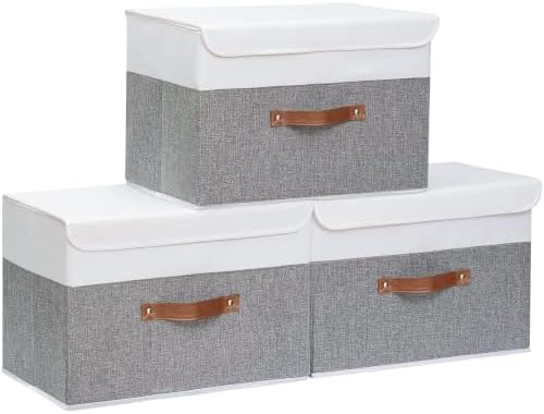Yawinhe Fabric Storage Boxes with Lids,White/Grey,15.0x9.8x9.8in,3-Pack by Yawinhe