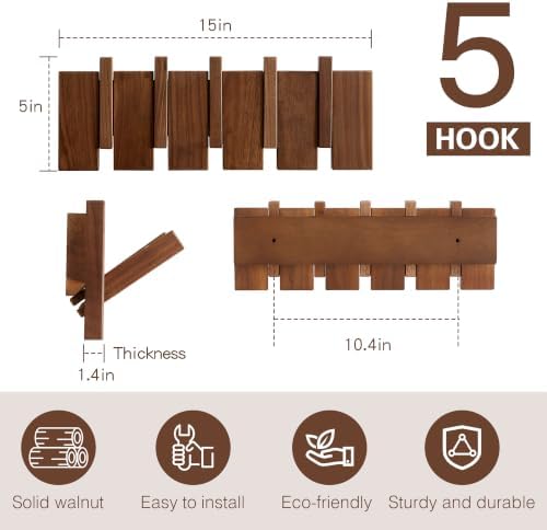 Coat Rack Wall Mount, Walnut 5 Flip-Down Picket Hanger Hooks for Entryway - Image 2