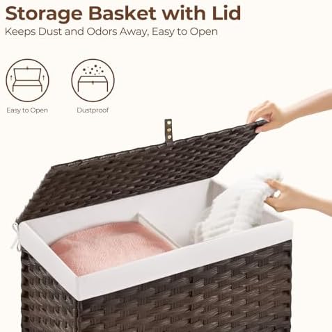 GREENSTELL Storage Basket with Lid, 17.2 Gallon(65L) Small Wicker Blanket Storage Basket with Handles, Foldable, 2 Removable Liner Bags, Metal Frame, for Bedroom, Laundry Room, Brown,22.2"*13.4"*13.4" - Image 3
