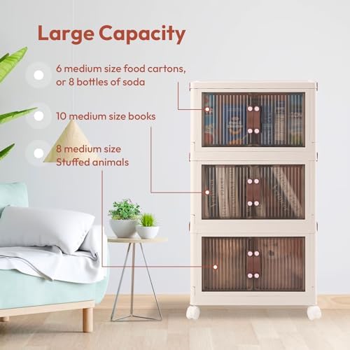 30 QT 3 Tier Folding Storage Bins with Doors – Magnetic Door Foldable Storage Cabinet - Folding Storage Box with Leather Handles - Stackable and Collapsible Storage Container for Books, Pantry - Image 5