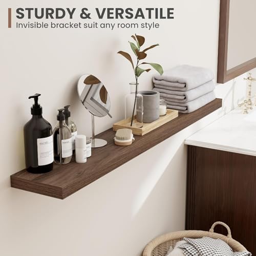 Acovy 72 Inch Floating Shelves, 8 Inch Deep Floating Shelves for Wall, Hanging Shelf with Invisible Brackets, Deep Shelves for Bathroom, Bedroom, Living Room, Walnut, Set of 2 - Image 7