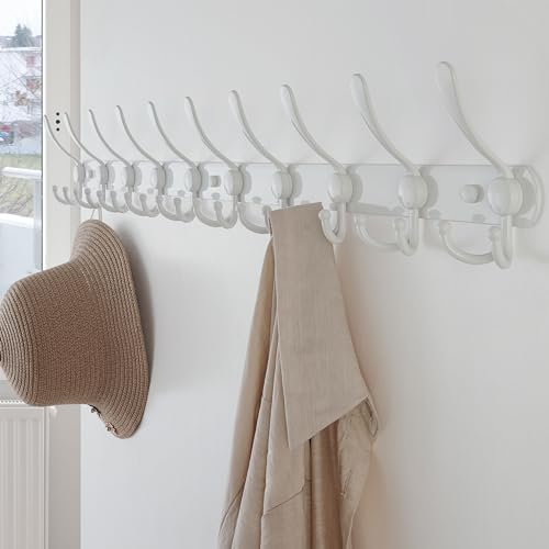 Dseap Coat Rack Wall Mount - 38” Long 10-Tri-Hooks Heavy Duty Coat Hanger Rail Wall Hooks for Hanging Coats Hats Clothing Clothes Purse Mudroom Entryway, White - Image 2