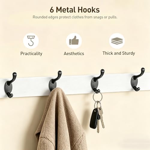 RALGEND 29" Long Coat Rack Wall Mount Shelf, Entryway Wall Shelf with 6 Metal Hooks, Coat Hangers for Living Room, Modern Wooden Floating Shelves for Bathroom, Bedroom, Kitchen, White 7401BJR1WT - Image 6