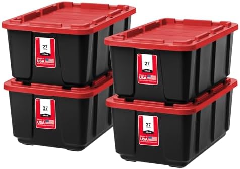 IRIS USA 4-Pack 27 Gal Heavy Duty Storage Tote Bins with Lids, Red by IRISUSA