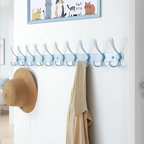 Dseap Coat Rack Wall Mount - 38” Long 10-Tri-Hooks Heavy Duty Coat Hanger Rail Wall Hooks for Hanging Coats Hats Clothing Clothes Purse Mudroom Entryway, Blue - Image 3