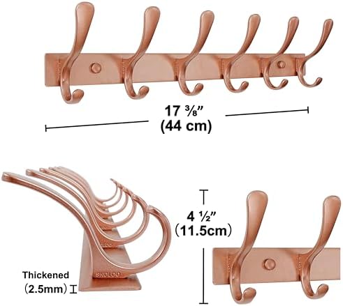 SKOLOO Coat Rack Wall Mounted - 6 Hooks, Pack of 2, Heavy Duty, Stainless Steel, Metal Wall Hanger, Sturdy Coat Hooks for Hanging Coats, Jacket, Clothes, Hat, Matte Rose Gold - Image 5
