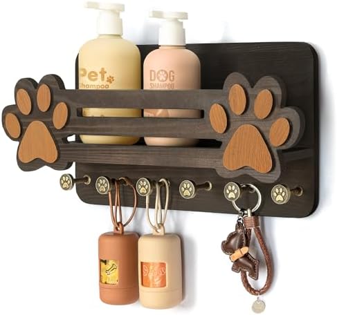 MTERSN Dog Leash Holder for Wall with Floating Shelf & 6 Hooks, Dark Brown by MTERSN