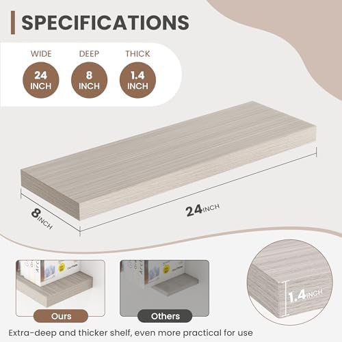 Acovy 24 Inch Floating Shelves, 8 Inch Deep Floating Shelves for Wall, Hanging Shelf with Invisible Brackets, Deep Shelves for Bathroom, Bedroom, Living Room, Grey, Set of 2 - Image 3