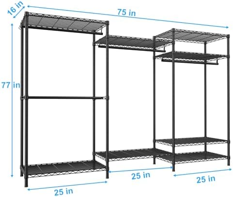 Ulif E13 Pro Heavy Duty Clothes Rack（With 4 Hanger Rods & 8 Shelves） Freestanding Clothing Racks for Hanging Clothes，Adjustable Closet，Metal Garment Rack 75" W x16 D x77 H，Max Load 1000LBS，Black - Image 2