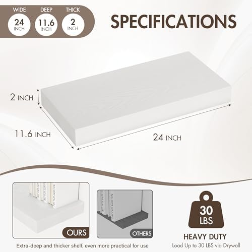 Acovy 24 Inch Floating Shelves, 12" Deep Floating Shelf Wall Mounted, 24" Wall Shelves, Rustic Deep Bookshelf, Extra Deeper & Thicker Display Shelves for Bedroom, Living Room, White, Set of 2 - Image 4