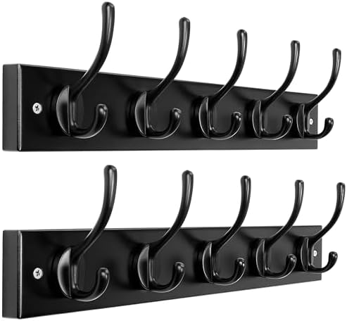Dseap Wall Mounted Coat Rack: 16" Hole to Hole, Coat Hook Hanger with 5 Metal Hooks for Hanging Coats Towels Hats Clothes, Black, 2 Packs by Dseap