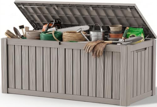 Outdoor Storage Box, 260 Gal Waterproof Resin Deck Box w/Support Rod by ATMELT