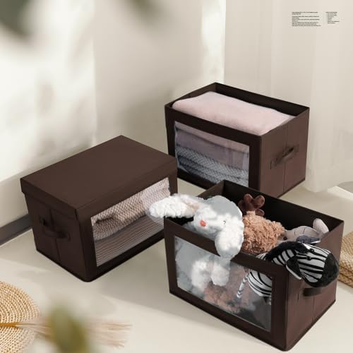 Homsorout Stackable Storage Bins with Lids - Medium Storage Box with Lids, Foldable Closet Boxes for Organizing, Wardrobe Clothes Organizer with Window, Cubes Bins for Living Room, 5 Pack, Brown - Image 6