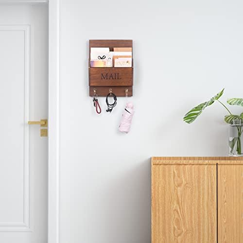 DLQuarts Solid Wood Mail Organizer with Key Holder for Wall, Mail Sorter Wall Mounted, Decorative Wooden Key and Mail Holder with 3 Hooks, Dark Brown - Image 2