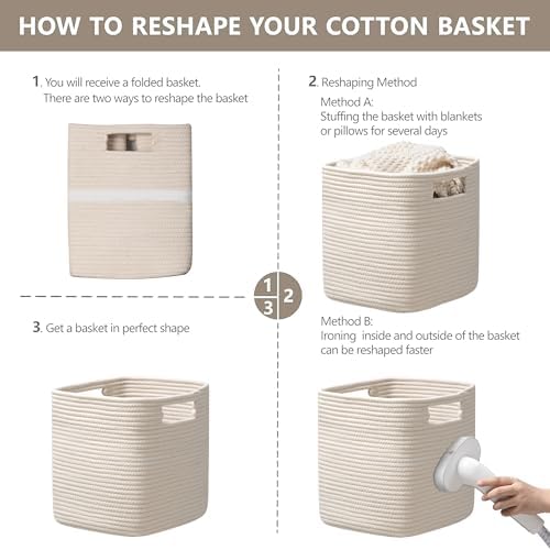 Dreamcountry 11 Inch Cube Storage Bins, Storage Cubes with Handles, 4 Pack Cotton Rope Basket for Shelves, Cube Storage Organizer forToys, Book, Clothes, Home, Office, Nursery, Beige - Image 7