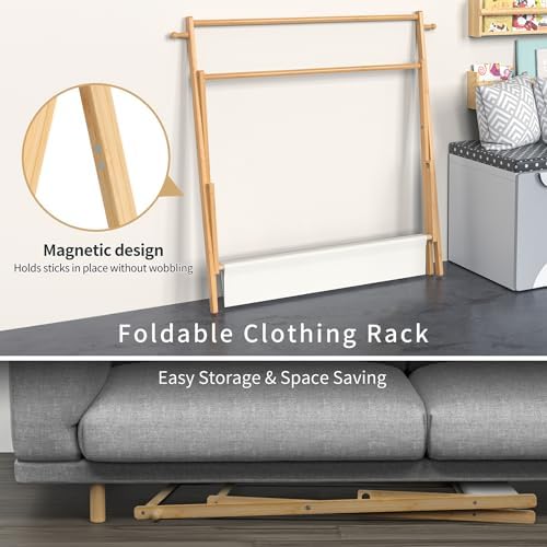 BAMBOOHOMIE Kids Clothing Rack With Storage Shelf & Double Rods, Foldable Dress Up Clothes Rack for Toddler Nursery, Child's Room, 100% Natural Bamboo (Large Size) - Image 3