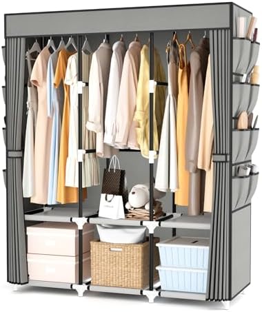 Portable Closet with Cover, 3 Hanging Rods and Side Pocket, Sturdy Free Standing Closet, Grey by BRFOYU