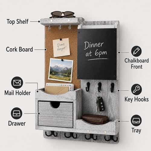 Key Holder Wall Mount with Drawer and Mail Organizer, Grey - Image 5
