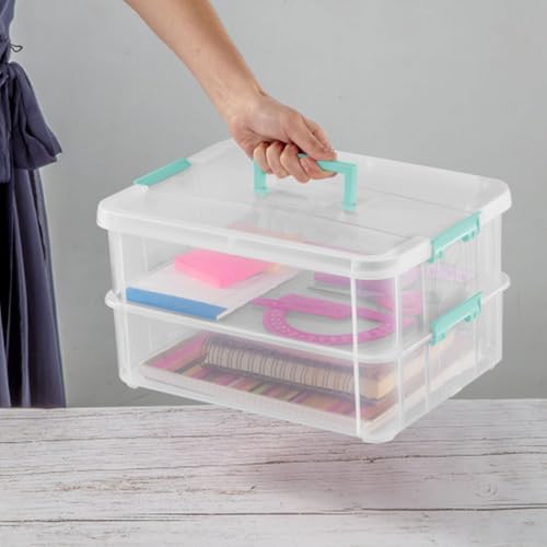 Sterilite 8-Pack Stack & Carry, 2 Layer Handle Box for Home & Office Storage - Clear Base & Lid with Color Latches, Organizer for Art & Craft Supplies, Sewing Tools or 8.5" x 11" Paper - Image 5