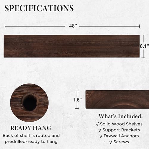 Axeman Floating Shelves, 8 Inch Deep Rustic Solid Wood Wall Shelves for Storage, Wall Mounted Display Shelving with Invisible Heavy-Duty Metal Bracket, 48" W x 8" D x 1.6" H, Rustic Brown - Image 2