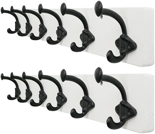 WEBI Rustic Coat Rack Wall Mount,24" Long 6 Cast Iron Coat Hooks Wall Mounted,Heavy Duty Farmhouse Wood Coat Hanger Wall Vintage Hooks for Hanging Jacket,Clothes,Backpack,Black on White,2 Packs by WEBI