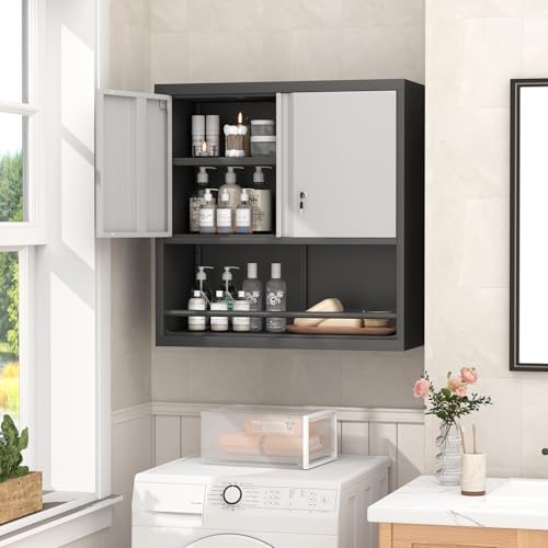 GREATMEET 31" H Metal Garage Storage Cabinets with Doors and Shelves, Lockable Storage Cabinet with Lock, Hanging Cabinets for Wall, Wall Mount Cabinet for Utility Room, Black&Grey - Image 4