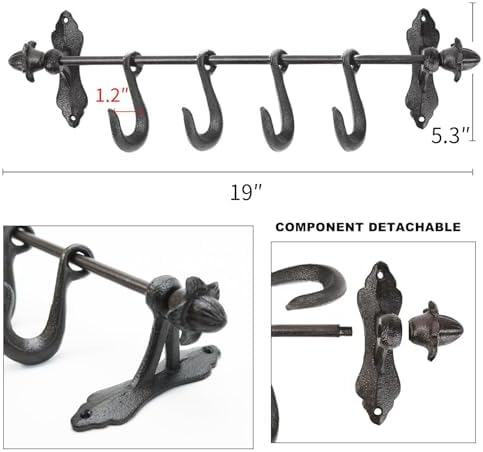 Sungmor Vintage Cast Iron Wall Hook Rack - Rustic Farmhouse Wall-Mounted Hanger for Coats, Keys, Mugs, Towels - Heavy Duty Decorative Organizer with 4 Removable Hooks - Image 6
