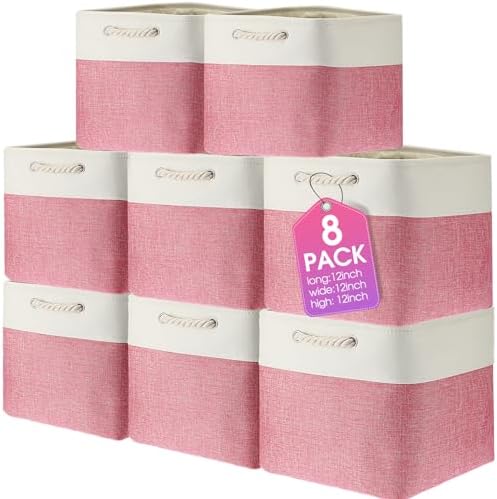 meekoo 8 Pack Fabric Storage Bins Baskets, 12 x 12 x 12 in, Pink White by meekoo