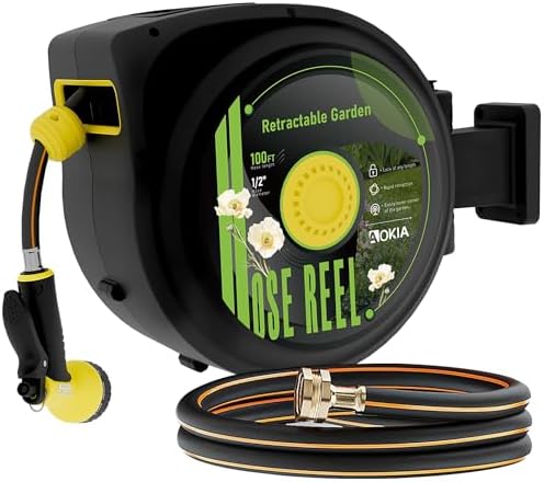 Aokia Retractable Garden Hose Reel, 1/2 in x 100 ft Wall Mounted Heavy Duty Garden Hose Reel with 9 Patterns Nozzle, Any Length Lock, Auto Return System and 180°Swivel Bracket by AOKIALLC