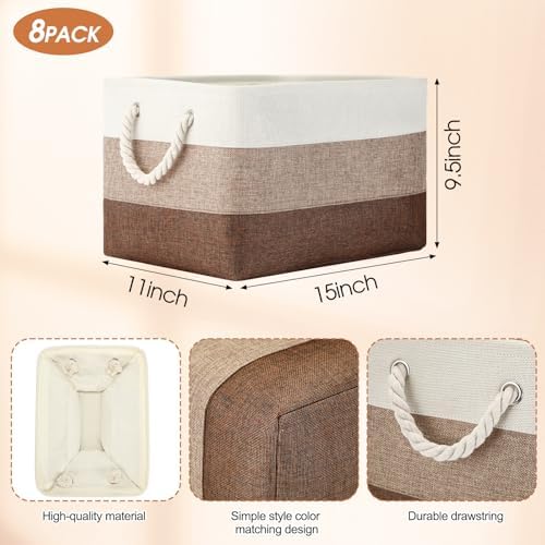 meekoo 8 Pack Fabric Storage Bins Baskets, 15 x 11 x 9.5 in, Mixed Beige - Image 2