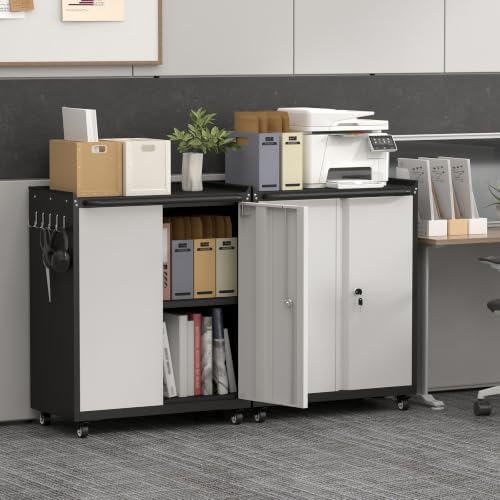 GREATMEET Garage Storage Cabinet with Wheels, Lockable Metal Storage Cabinet, Rolling Tool Cabinet with Adjustable Shelf, Push Handle for Shop, Home, Office, Black/Grey - Image 6
