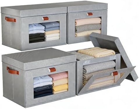 4-Pack Collapsible Stackable Storage Bins with Lids, Grey by CBJILWOF