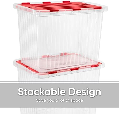 Superio Red Storage Box with Red Hinged Lids, Plastic Container Bins for Organizing with Attached Lid, Stackable Crates, BPA Free, Organizers for Home and Office, 53Quart (20.25"x14"x14.6") - Image 4