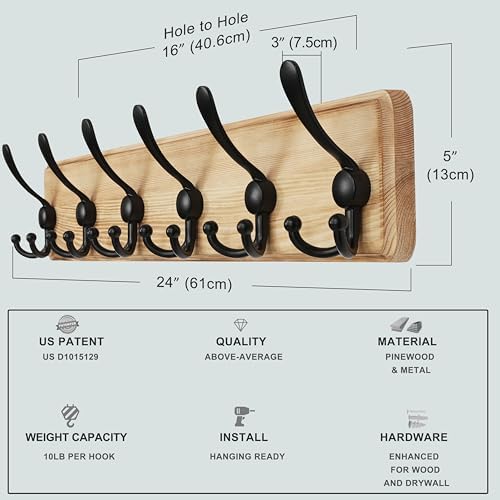 Dseap Coat Rack Wall Mounted - 24" Long 6 Tri Hooks, Heavy Duty Wooden Wall Coat Hanger Coat Hook for Clothes Hat Jacket Clothing, Weathered Light Natural and Black, Pack of 2 - Image 6