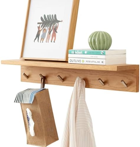 Wall Hooks with Shelf Oak Wood Coat Rack Shelf Wall Mounted, Entryway Shelves with 6 Metal Hangers for Clothes Hats Towel for Bathroom, Bedroom, Living Room (Natural, 27.5 inches) by RSUWIZ