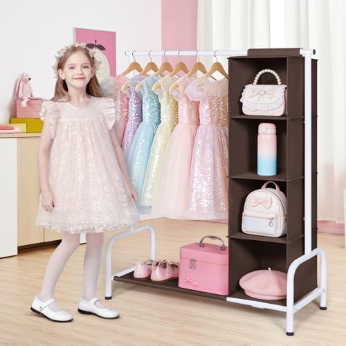 Univivi Kids Clothing Rack with Hanging Organizer, 43 Inch, Brown and White - Image 2
