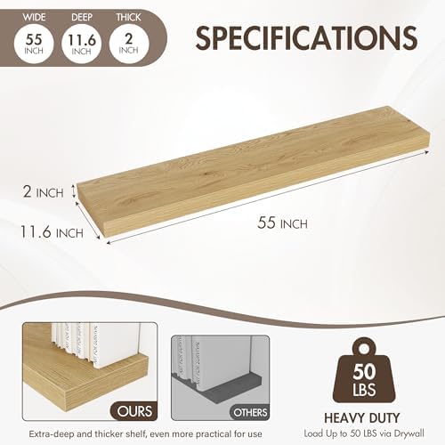 Acovy 55 Inch Floating Shelves, 12" Deep Floating Shelf Wall Mounted, 55" Wall Shelves, Rustic Deep Bookshelf, Extra Deeper & Thicker Display Shelves for Bedroom, Living Room, Oak, Set of 2 - Image 4