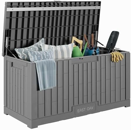EAST OAK Outdoor Storage Box, 100 Gallon Deck Box, Waterproof Resin Storage Bench for Patio Cushions, Gardening Tools, Pool Toys, Lockable, UV Resistant, Grey by EASTOAK