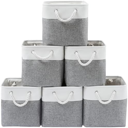 MidmmVick 13 x 13 Inch Cube Storage Bins, 6 Pack Extra Large Collapsible Fabric Storage Bin with Ropes, Foldable Storage Cubes for Home (White & Grey-13"x13"x13") by Midmmvick