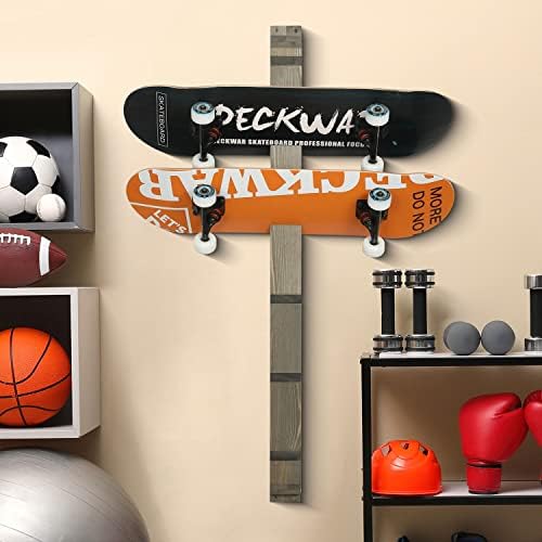MyGift Modern Wall Mounted Rustic Burnt Solid Wood Skateboard Display Rack, Hanging Longboard Storage Organizer with Diagonal Cutout Slots, Holds 6 Boards - Image 2