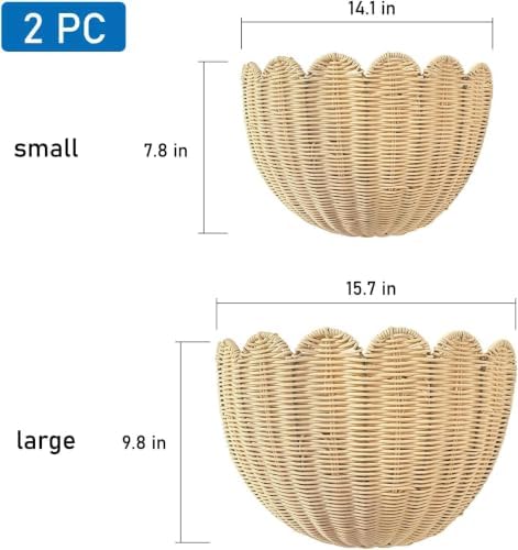 Set of 2 Scalloped Hanging Wicker Baskets for Wall, Scalloped Home Decor, Hanging Woven Rattan Wall Basket for Flowers Front Door Bathroom Storage (Imitation Rattan) - Image 3